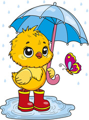 Coloring page outline of cartoon smiling cute little chick with umbrella and small butterfly. Colorful vector illustration, summer coloring book for kids.