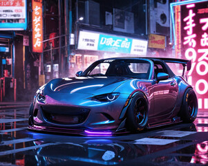 drift racing car against the backdrop of neon city signs . Generated AI