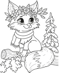 Coloring page outline of cartoon smiling cute beautiful fox with flowers. Colorful vector illustration, summer coloring book for kids.