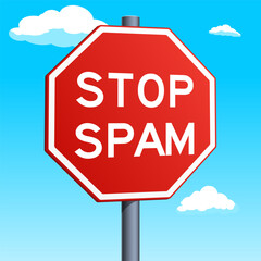 Stop Spam red road sign on blue sky background. Conceptual illustration. Pop art style hand drawn color vector illustration.