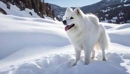 Fototapeta premium White fluffy cute dog on white snow in the mountains in winter