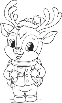Coloring page outline of cartoon smiling cute christmas deer goes to school. Colorful vector illustration, winter coloring book for kids.