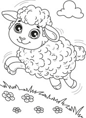 Coloring page outline of cartoon cute little baby sheep. Colorful vector illustration, summer coloring book for kids.