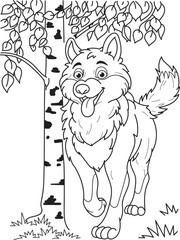 Coloring page outline of the cartoon smiling cute wolf near a tree. Colorful vector illustration, summer coloring book for kids.