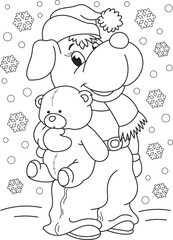Coloring page outline of cartoon smiling cute little dog with his toy teddy bear. Colorful vector illustration, winters coloring book for kids.