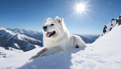 White fluffy cute dog on white snow in the mountains in winter