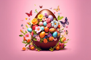 Fototapeta na wymiar Easter background. Easter multicolored eggs fly out of a chocolate egg. Easter egg hunting