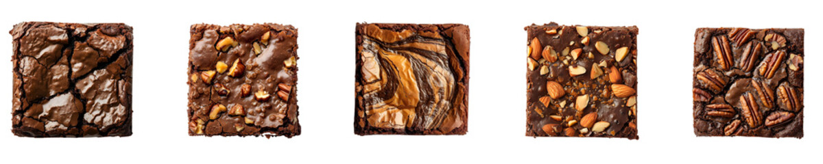 Set of Assorted Brownies - Chocolate, Caramel Swirl, Mocha Almond Fudge, Hazelnut Praline, Pecan, Isolated on Transparent Background - obrazy, fototapety, plakaty