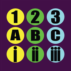 Set of Alphabet, letters ABC, and numbers in a different language. Numbers for kids. Easy Learning for children isolated on a Purple background. EPS Editable vector file.