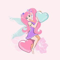 Cute card with a beautiful cartoon fairy and a blue heart. Vector illustration for children. Valentine's Day concept