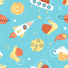 Seamless pattern of snails traveling in space. Snails travel through the galaxy with stars and planets. Children's fabric with space dinosaur. Flat vector illustration.