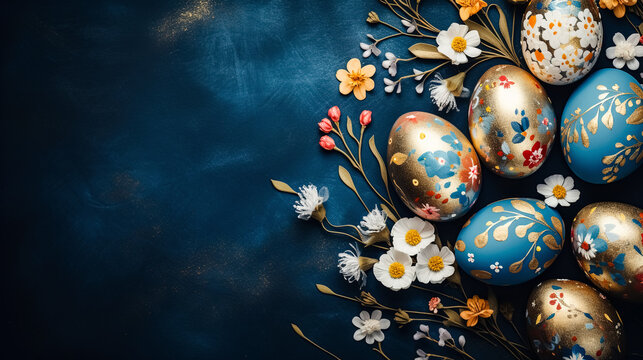 Easter colorful eggs and flowers on a dark blue painted background. Top view with copy space. Greeting card on an Easter theme. Happy Easter concept.