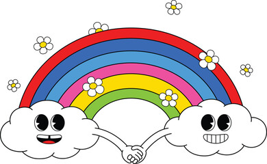 Vector illustration of a positive cartoon clouds characters holding hands with rainbow and flowers on background isolated on white background