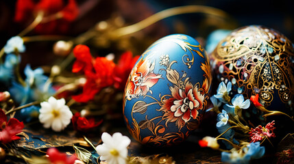 Colorful easter eggs and spring flowers on a dark blue background. Selective focus. Greeting card on an Easter theme. Happy Easter concept.