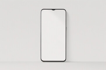 白い背景に空白の画面を持つスマートフォン。スマートフォンのモックアップのクローズ アップは、白い背景で隔離。