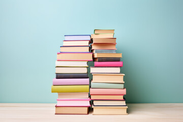Colorful books and notebooks in front of pastel color wall , back to school. Generative ai