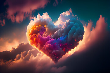 Beautiful colorful valentine day heart in the clouds. Created with Generative AI technology - obrazy, fototapety, plakaty