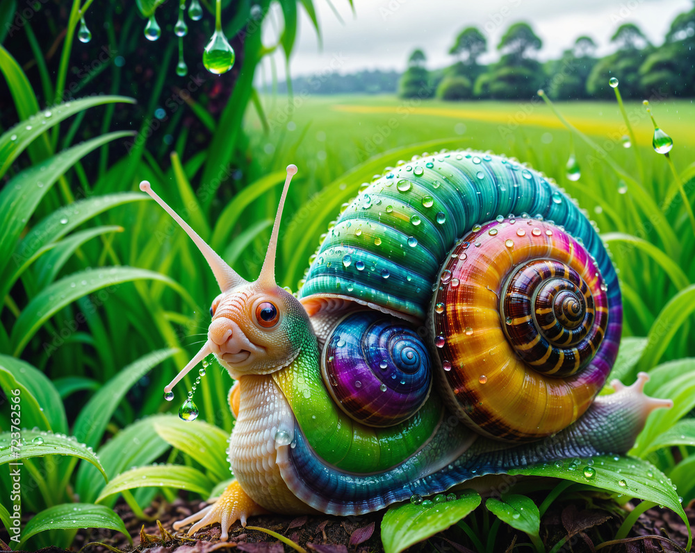 Poster important snail with a multi-colored shell on a background of green meadow . generated ai