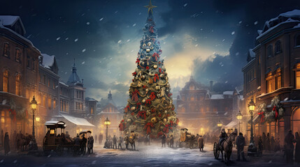 Christmas tree in a town scene with many people in the street - obrazy, fototapety, plakaty