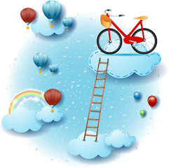 Sky landscape with clouds, flying bike and ladder. Fantasy illustration vector eps10