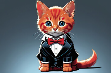 abstract portrait of a red ginger kitten wearing a tuxedo and bow tie, plain studio background background