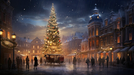 Fototapeta premium Christmas tree in a town scene with many people in the street