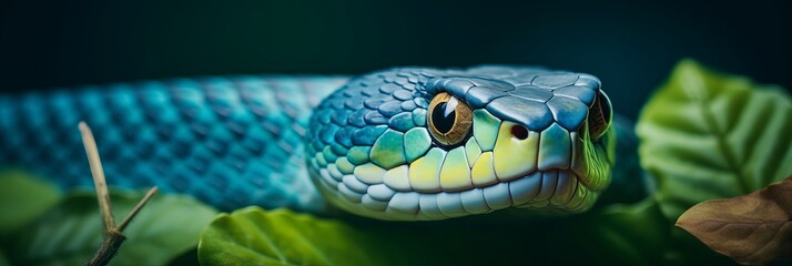 Close-up of striking blue snake on foliage. Space for text.