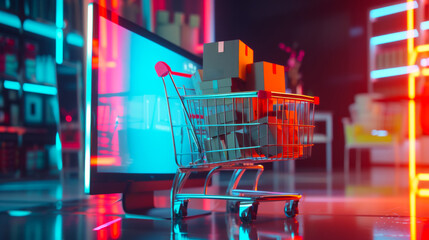 Purchase and delivery of goods from an online store, a cart full of boxes with packaged purchases comes out of a computer monitor, bright neon colors and a concept for a banner - obrazy, fototapety, plakaty