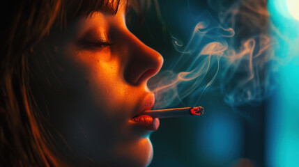 Fototapeta premium a woman smokes a cigarette in front of a dark background.
