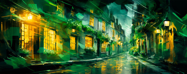 The artistically drawn street with exaggerated, glowing green tones gives the cityscape a surreal and dreamlike character. St. Patrick's Day. Irish traditions and holiday - obrazy, fototapety, plakaty