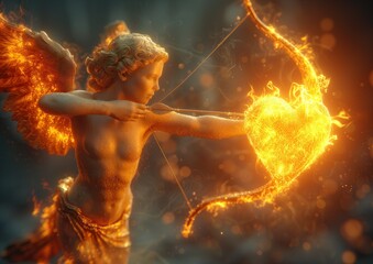 Cupido, lanzando una flecha con un corazón en llamas a través de su arco. Imagen horizontal medio cuerpo, torso desnudó, túnica, de medio lado, fondo tenue. Las alas están iluminadas, flechazo