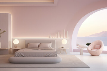 Colorful minimal bedroom interior with bed and luxury decoration