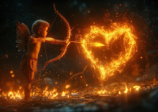 Ni&ntilde;o cupido, lanzando una flecha a trav&eacute;s de coraz&oacute;n en llamas. Imagen de cuerpo entero, torso desnud&oacute;, t&uacute;nica, de medio lado, fondo oscuro. El suelo est&aacute; encendido, amor a primera vista