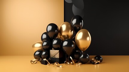 Black and gold Balloons and a lot of present Luxury Birthday Backdrop