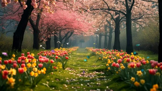 Spring scenery in a field of pink flowers and leaves and butterflies in the morning