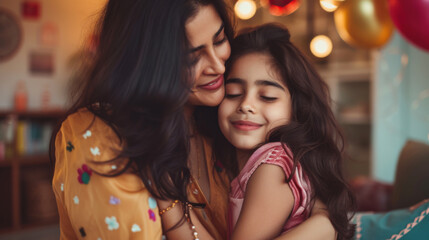 A loving Indian ethnic mother emotionally hugs her daughter on her birthday