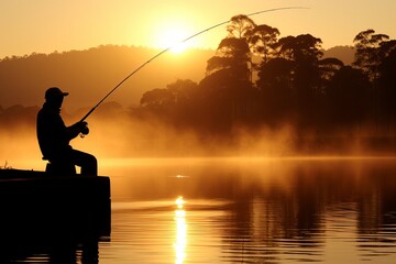 Man fishing on river bank, surrounded by serene natural beauty in a peaceful setting. Place for text