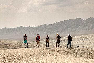 Group of young tourists with backpacks and photo cameras are standing at mountain top and looking at awesome view