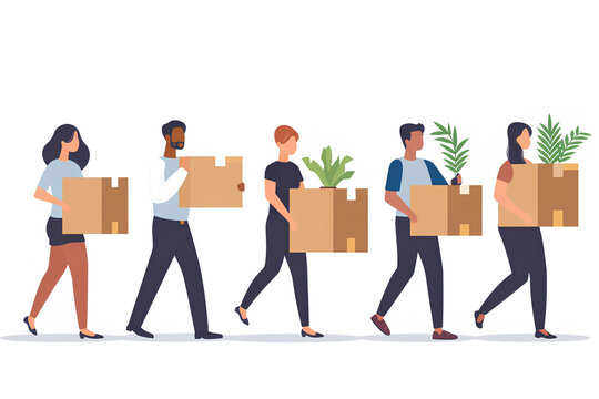 オフィスの引っ越し。段ボールを運ぶスタッフ。