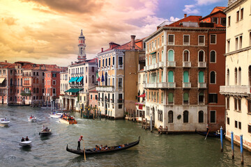 Romanic Venetian sunset over Grand canal  Venice , Italy. - obrazy, fototapety, plakaty