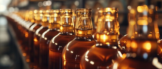 Captivating Array of Amber Glass Bottles Illuminated by Warm, Golden Light in a Mysterious Close-Up