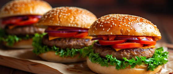 Tempting Gourmet Burgers on Wooden Board: A Close-Up of Juicy Beef Patties Topped with Fresh Vegetables and Sesame Buns