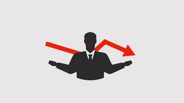 Red down graph of the financial crisis graphic animation. Alpha channel. Businessman and arrow moving down on transparent background motion design. 4K resolution