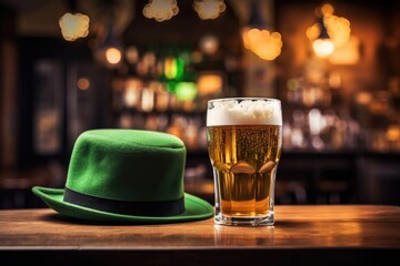 green beer and hat on st patricks day on pub background