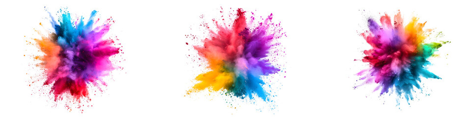 Fototapeta premium Set of Vibrant Color Powder Explosions, Multicolored Dust Clouds Isolated on Transparent Background