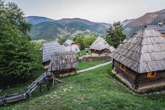 Kustendorf, Serbia - August 28, 2015: Wooden cottages in Kustendorf village, also called Drvengrad built by Emir Kusturica