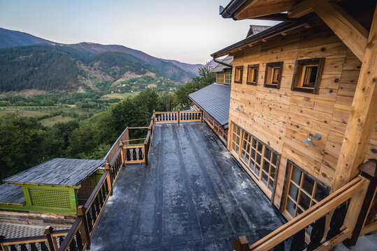 Kustendorf, Serbia - August 28, 2015: Main building with restaurant in Kustendorf village, also called Drvengrad built by Emir Kusturica