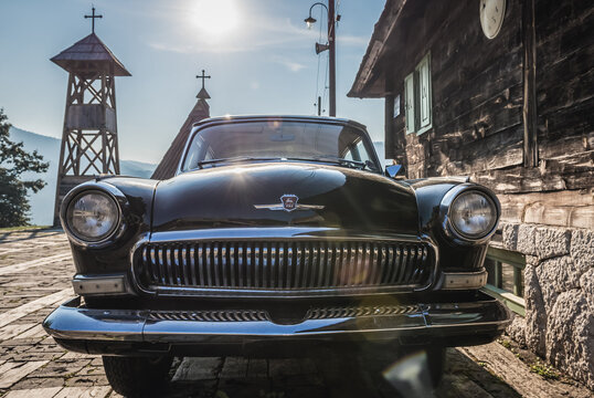 Kustendorf, Serbia - August 29, 2015: Old Volga car in Kustendorf village, also called Drvengrad built by Emir Kusturica
