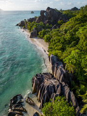 Vertical drone photography of Anse Source d'Argent beach in Seychelles, La Digue island