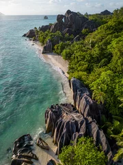 Fototapete Anse Source D'Agent, Insel La Digue, Seychellen Vertical drone photography of Anse Source d'Argent beach in Seychelles, La Digue island